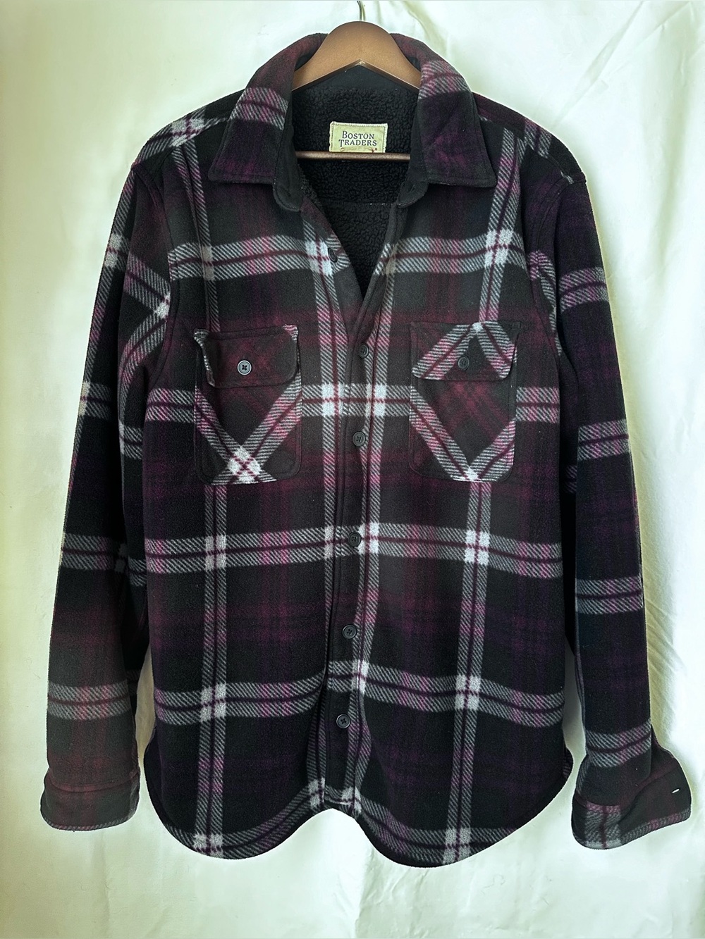 Boston Traders Men’s Black & Purple Plaid Sherpa-Lined Button-Front Shirt